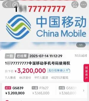明珠国际 尾号77777777手机号, 320万元拍出
